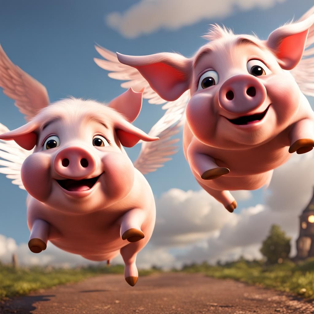 Pixar-Style Flying Pigs Approach the Viewer