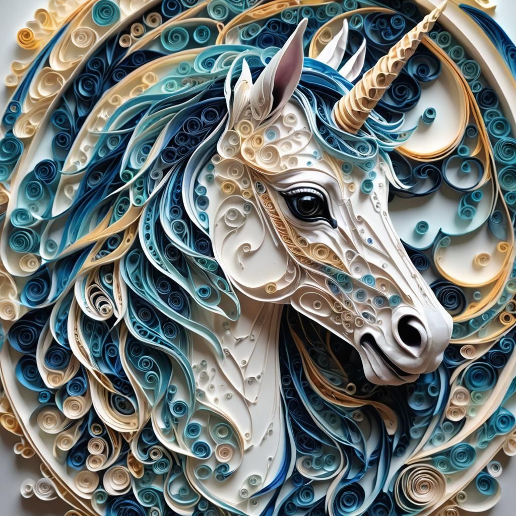 Intricate 3D Unicorn Head in Blue Quilling