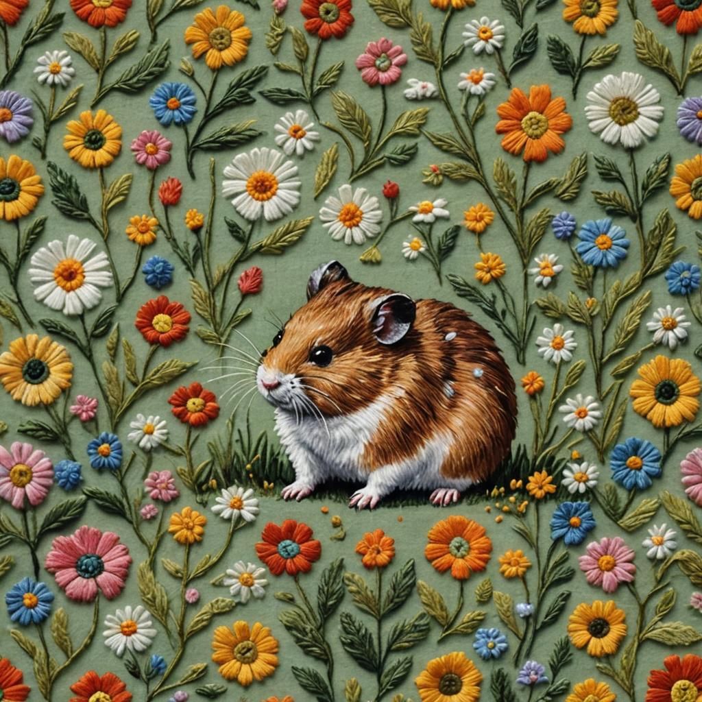 Folk Art Hamster in Traditional Embroidery Style