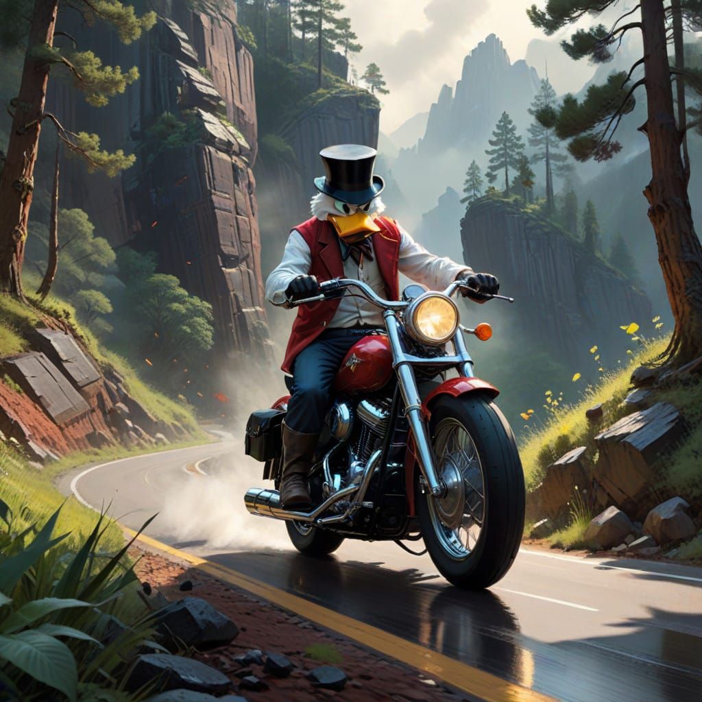 Futuristic Scrooge McDuck Cruises Mountains on Chrome Harley