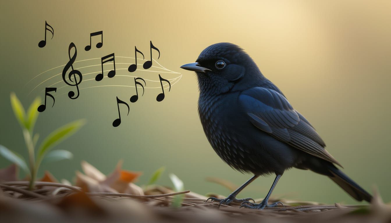 Chibi Black Bird Chirping with Musical Notes