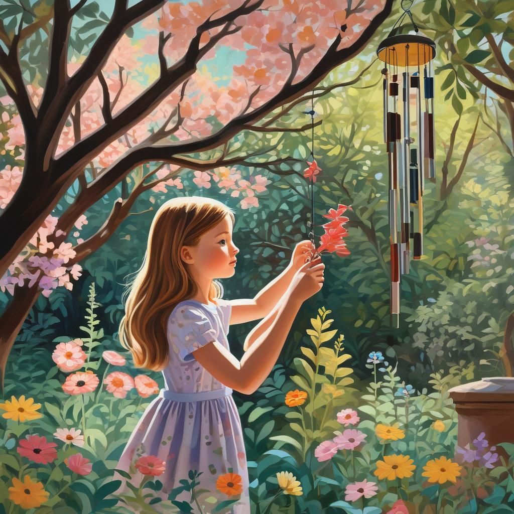 Girl Fixing Wind Chime in Flower Garden, Gouache Painting