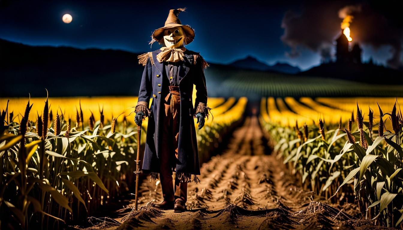 Scarecrow Portrait in Dimly Lit Cornfield