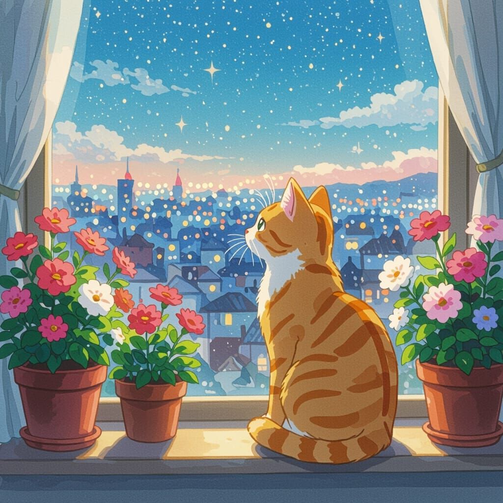 Ginger Cat Dreams of City Lights: Ghibli-Inspired Watercolor