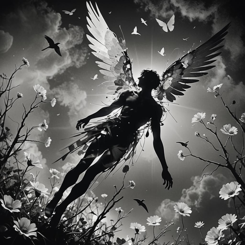 Surreal Digital Photogram. Close-up. A figure with broken wi...