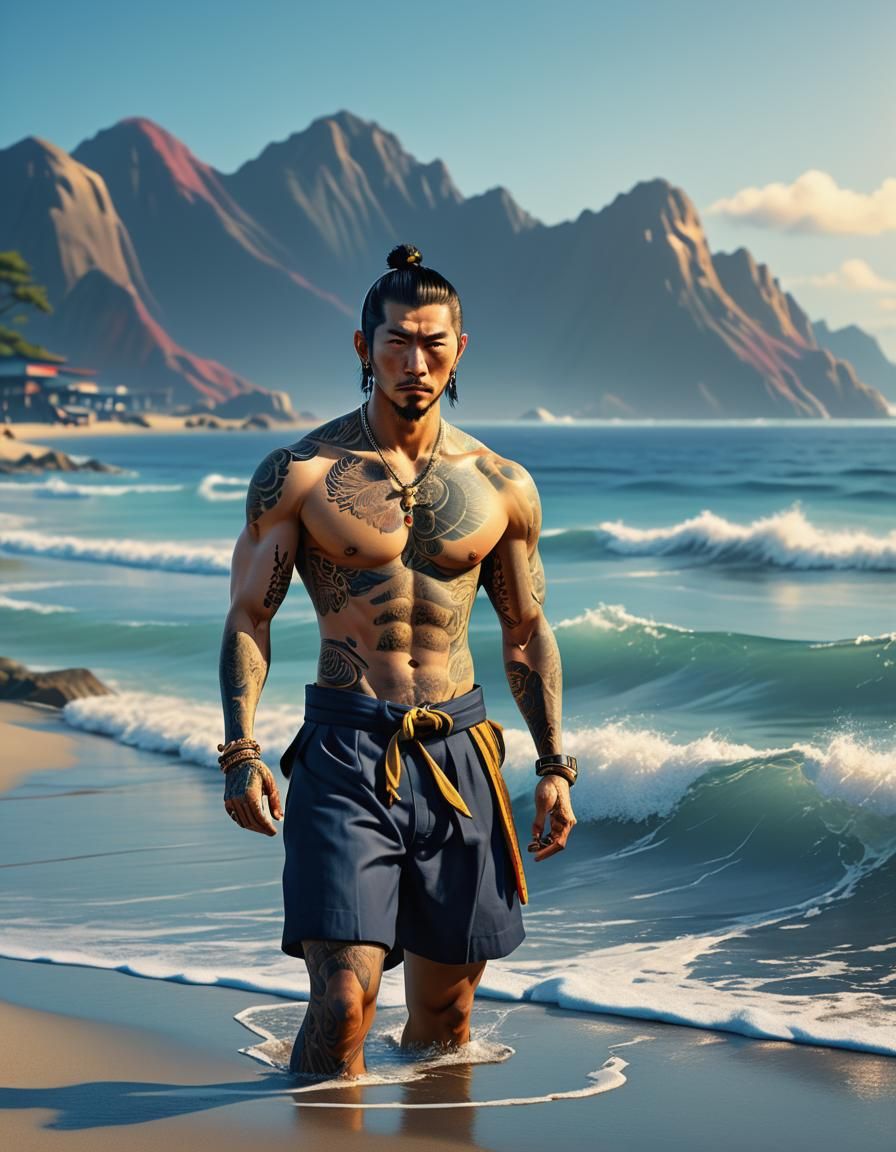 Young Yakuza Beach Standoff in Hyper-Realistic Style