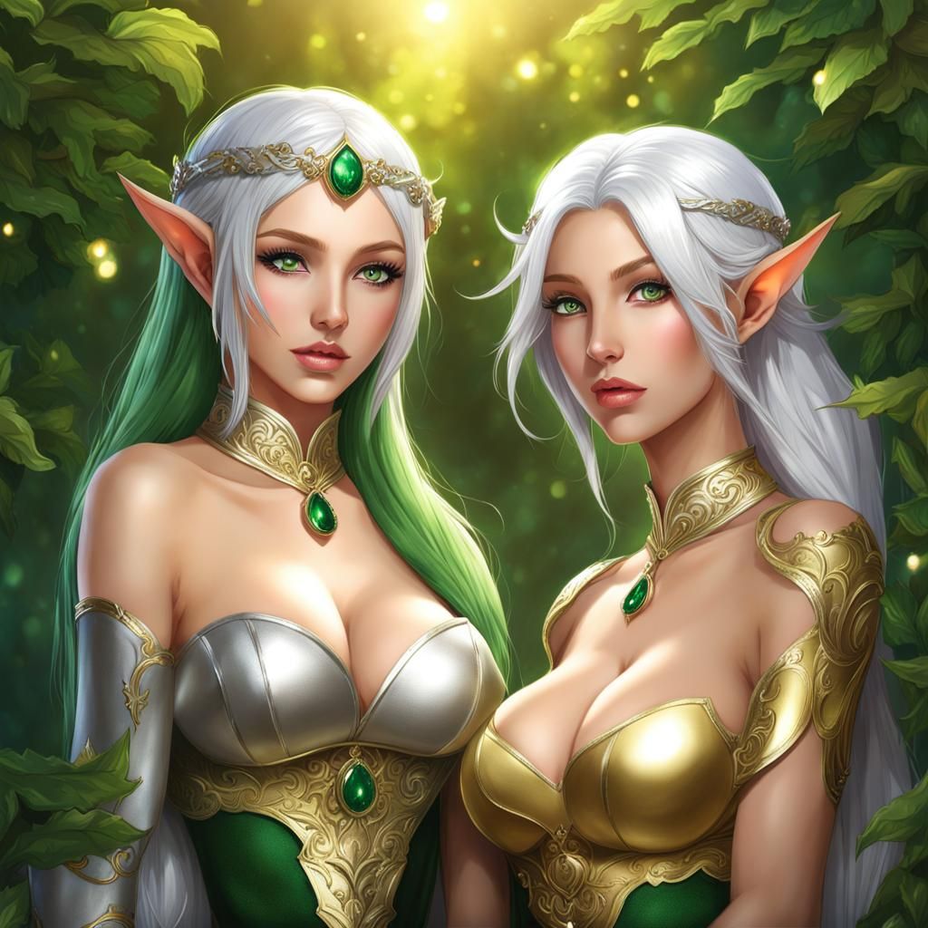 Golden-Skinned Elven Twins with Silver Hair
