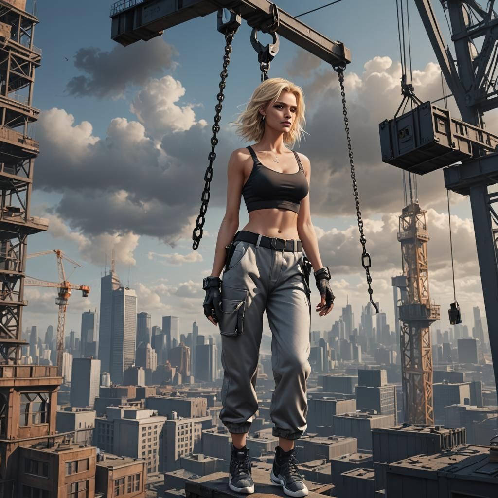 Blonde Woman Suspended by Crane: Fantasy Concept Art