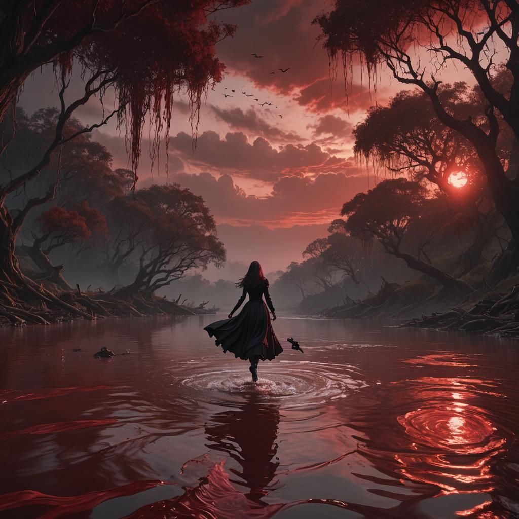 Gothic Girl Floating Above Blood Red River