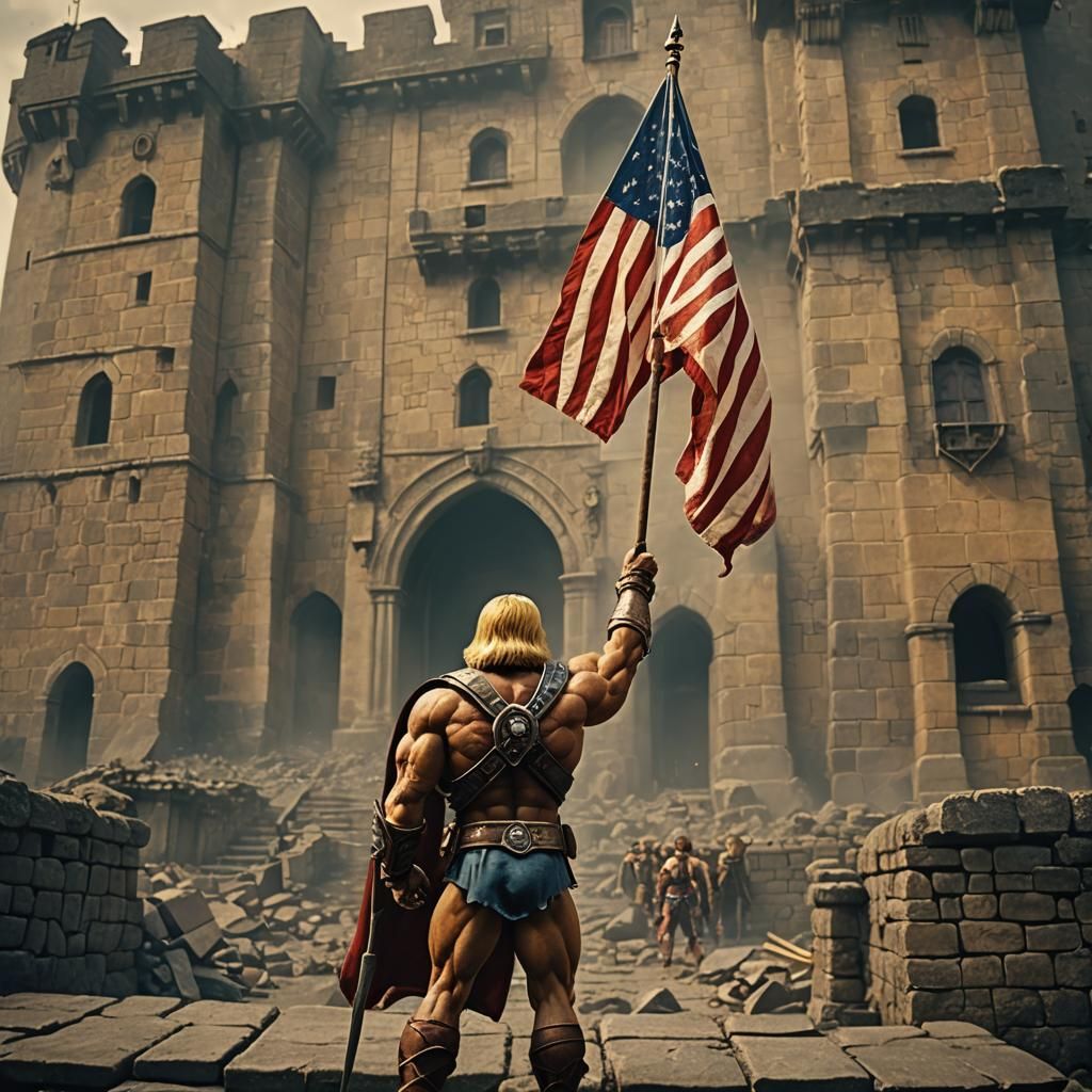 Heroic Flag Raising on Castle Walls: Cinematic 80s Style