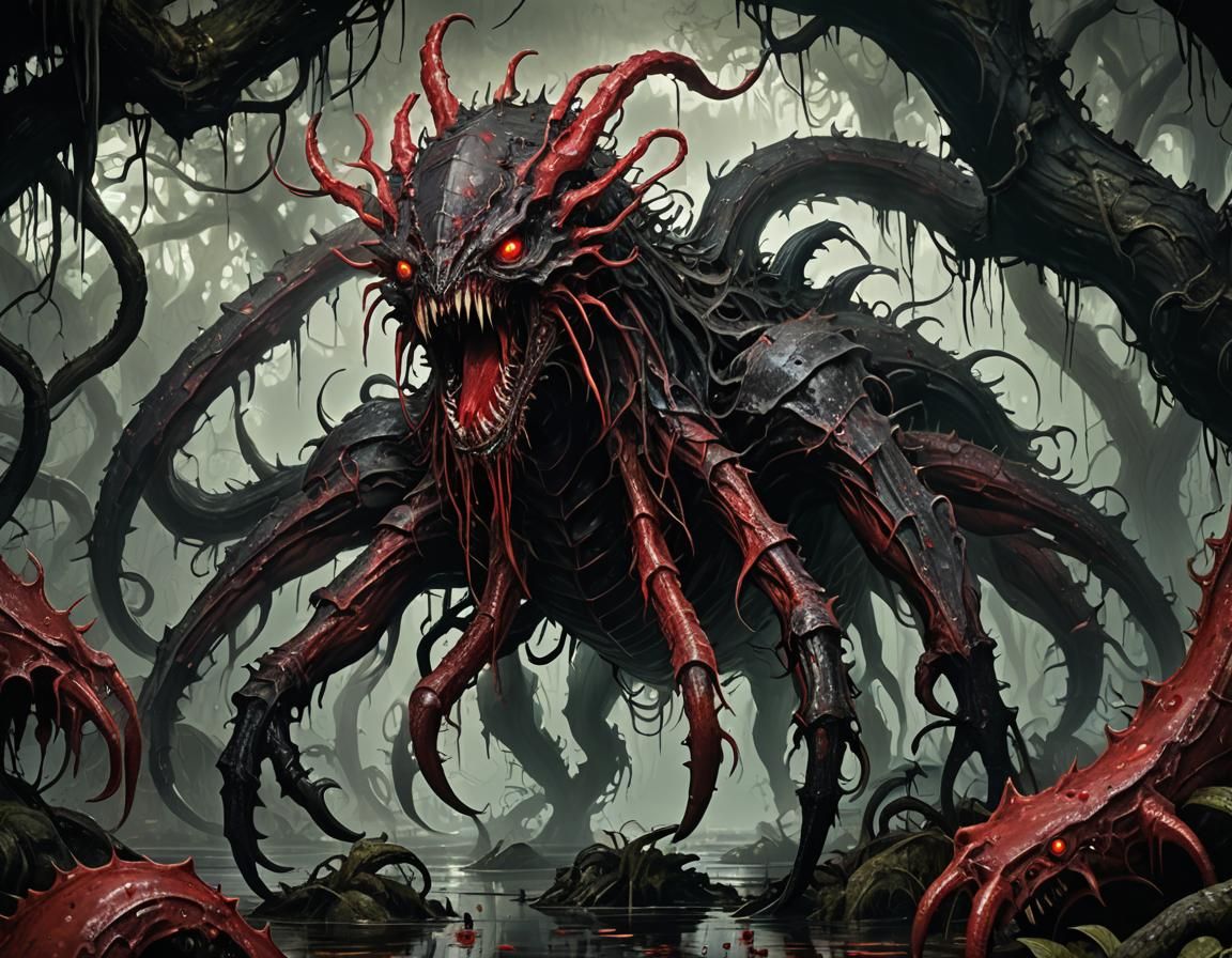 Eldritch Beast Oozing Crimson Resin in Decaying Swamp
