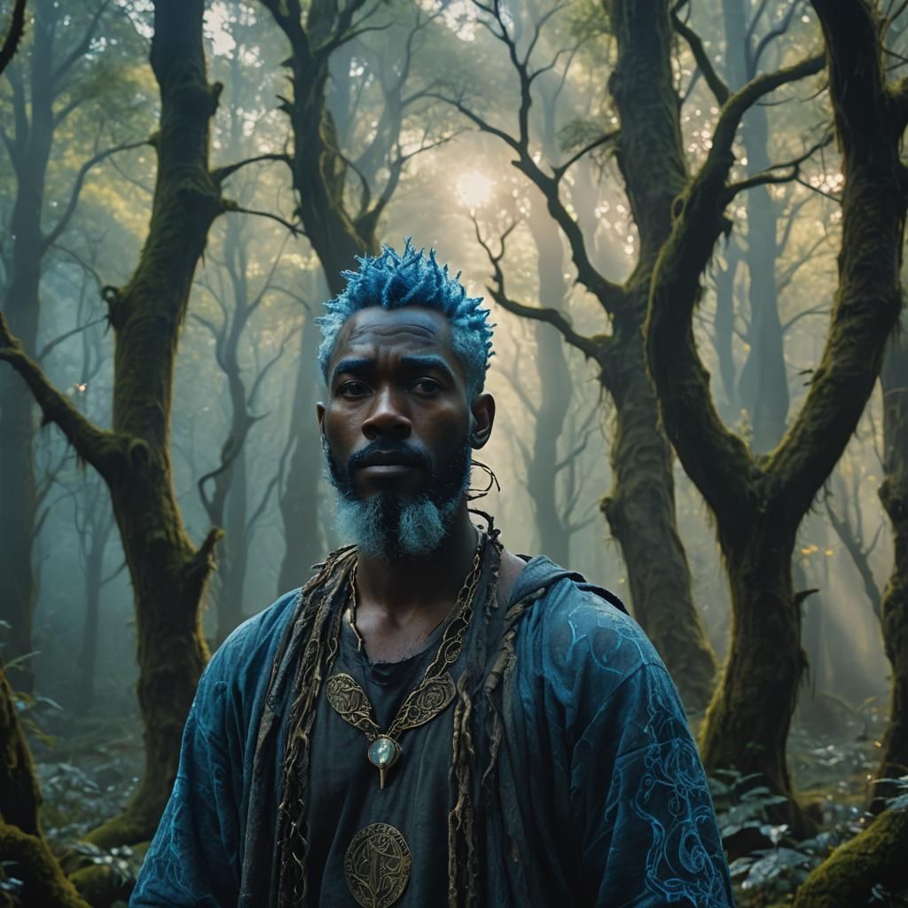 Mystical Black Man with Blue Hair in Fantasy Forest