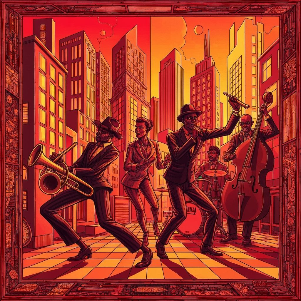 Jazz Band in Cubist Cityscape with Neon Accents