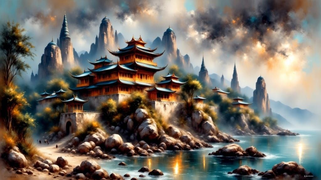 Chinese Temple on Rocky Shoreline Under Stormy Skies