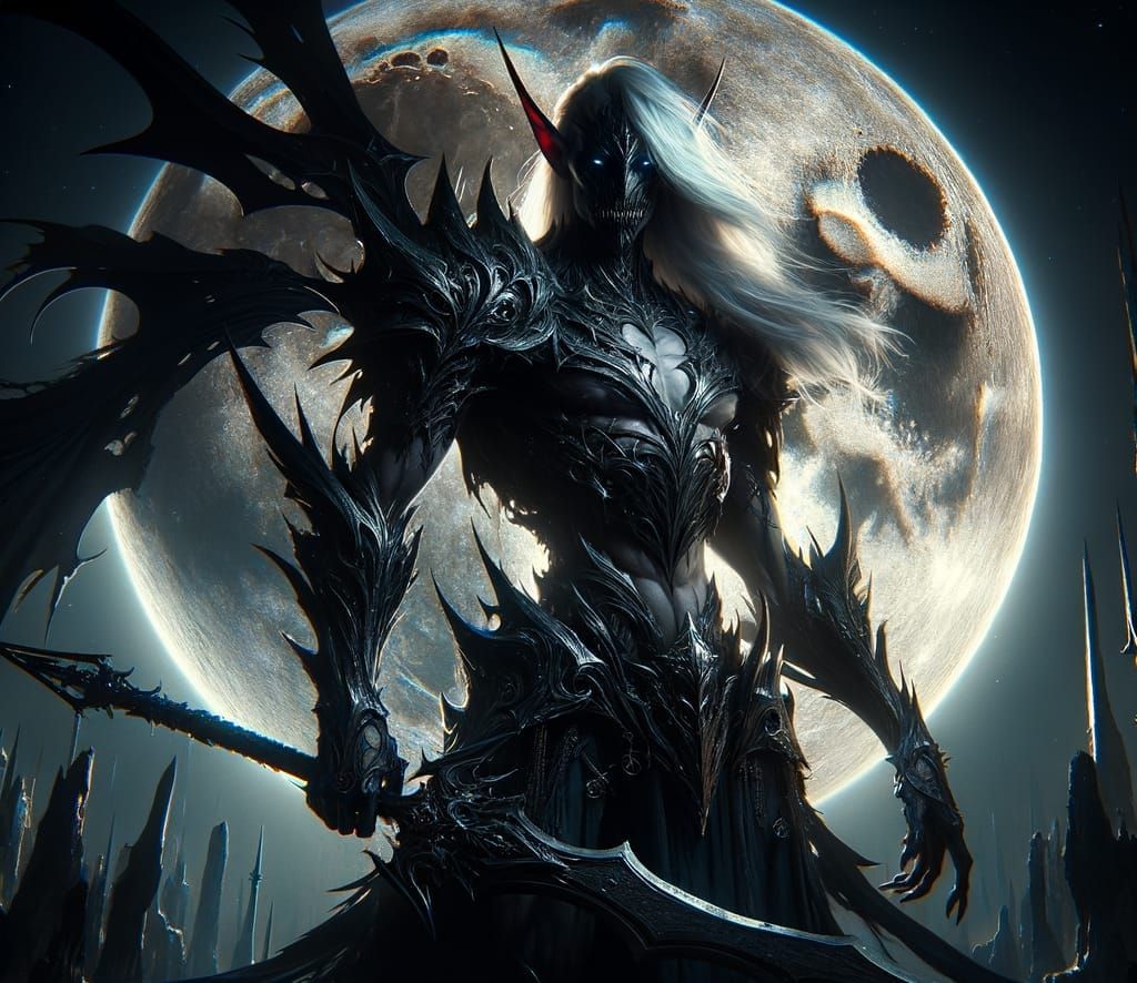 Elven Revenant in Obsidian Armor Under Moon