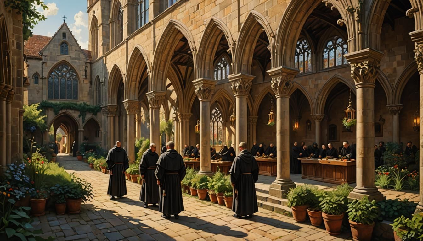 Monks in Gothic Abbey Garden: Medieval Illustration