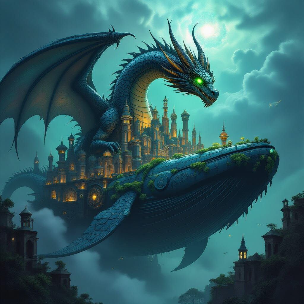 Ancient Obsidian Dragon Coiled Around Steampunk City on Spac...