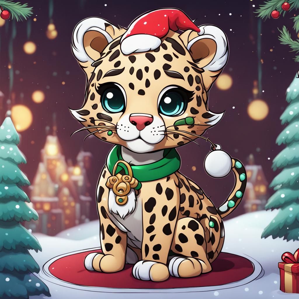 Kawaii Chibi Christmas Leopard Coloring Page