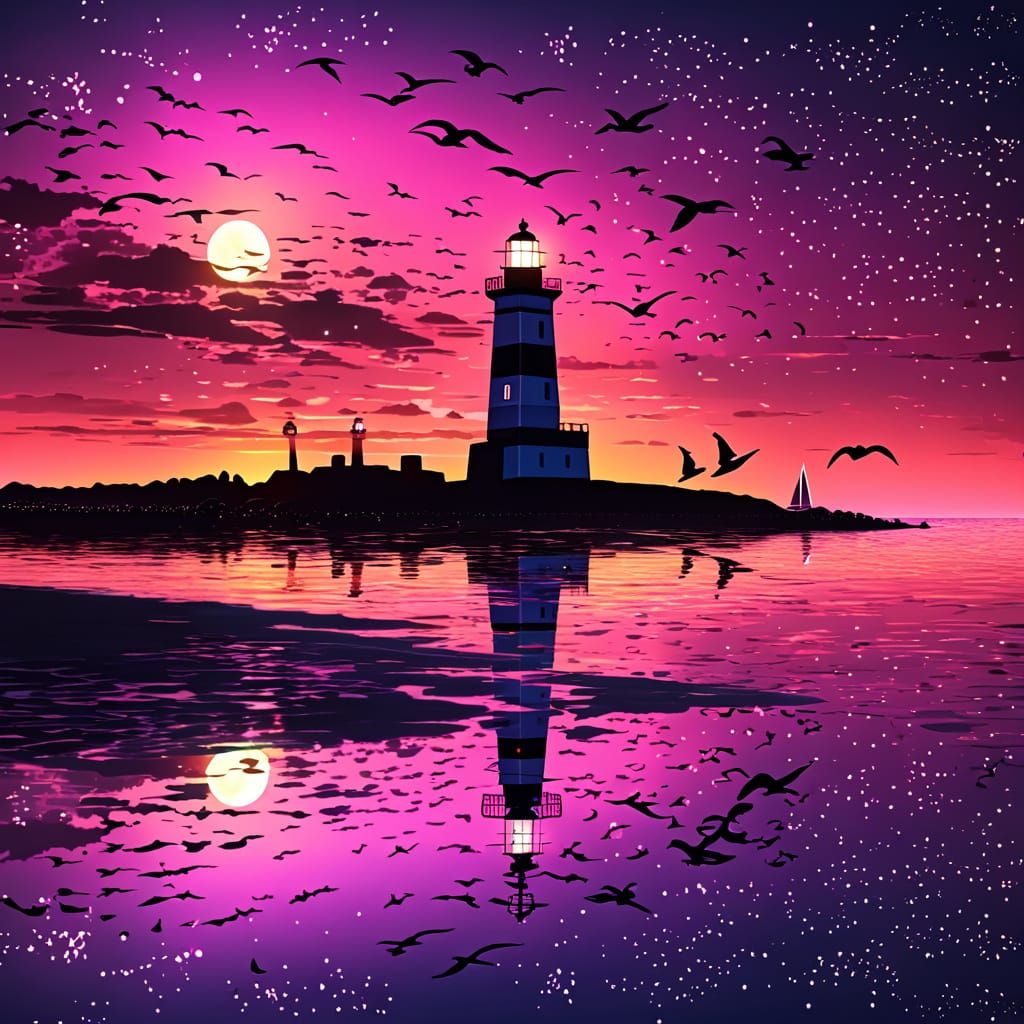 Vibrant Neon Sunset with Lighthouse and Sailboats