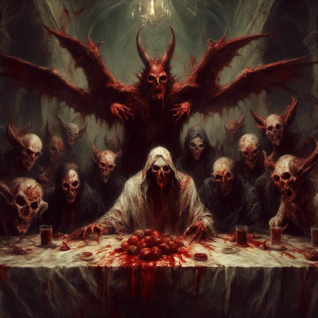 Macabre Satanic Last Supper in Creepy Magazine Style