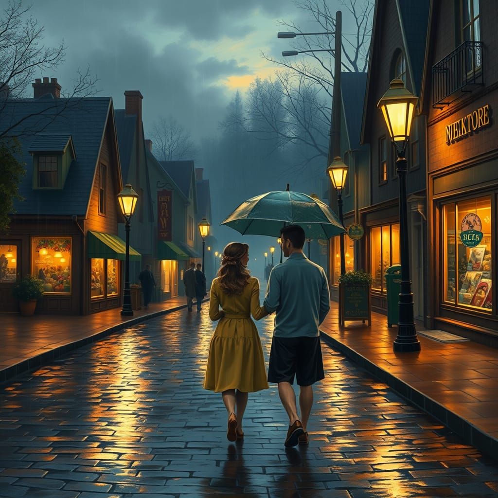 Twilight Stroll in 1950s Village: Painterly Realism