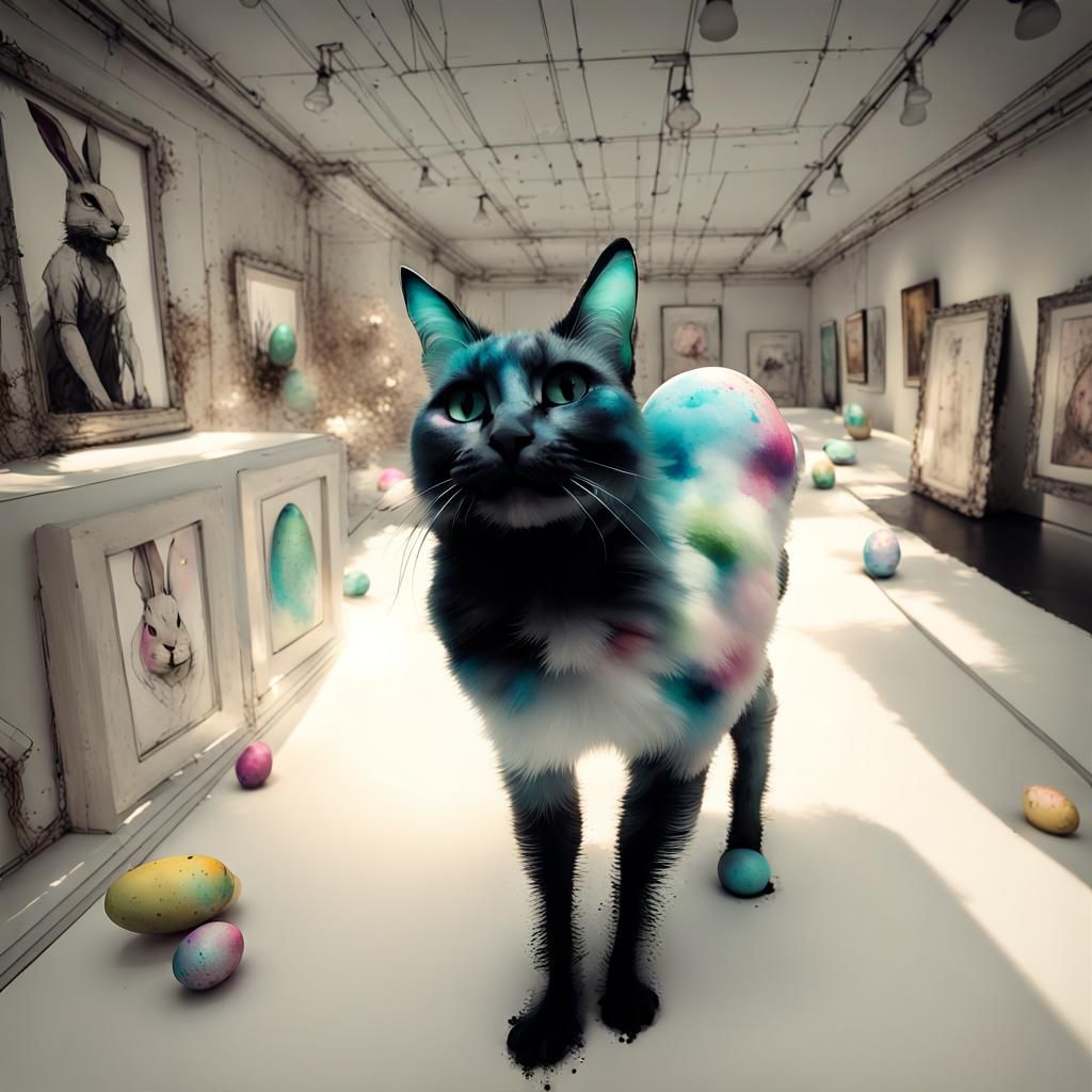 Easter Bunny Cat in Cryptid Museum: Ink Art