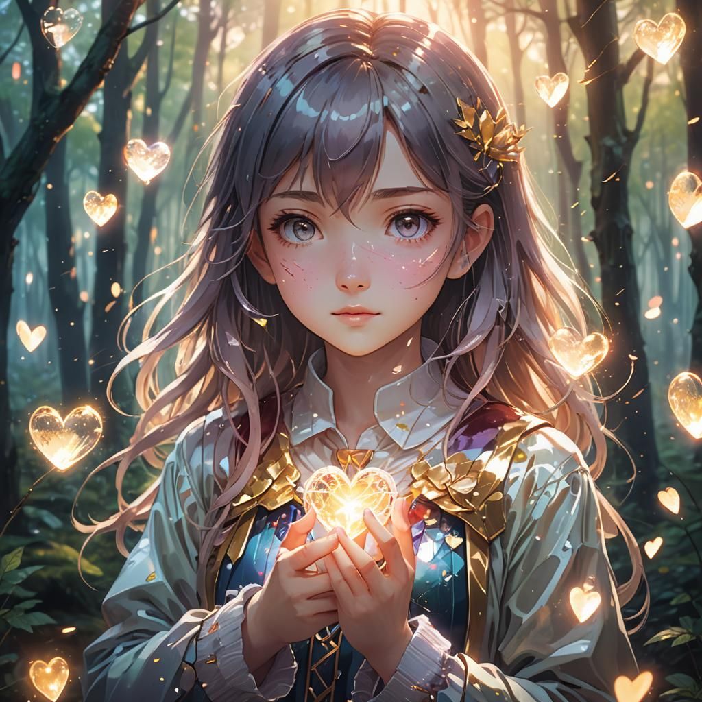 Anime Girl with Glowing Heart in Misty Forest