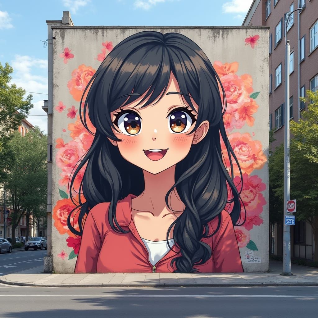 Happy Anime Woman Mural in Airbrush Style