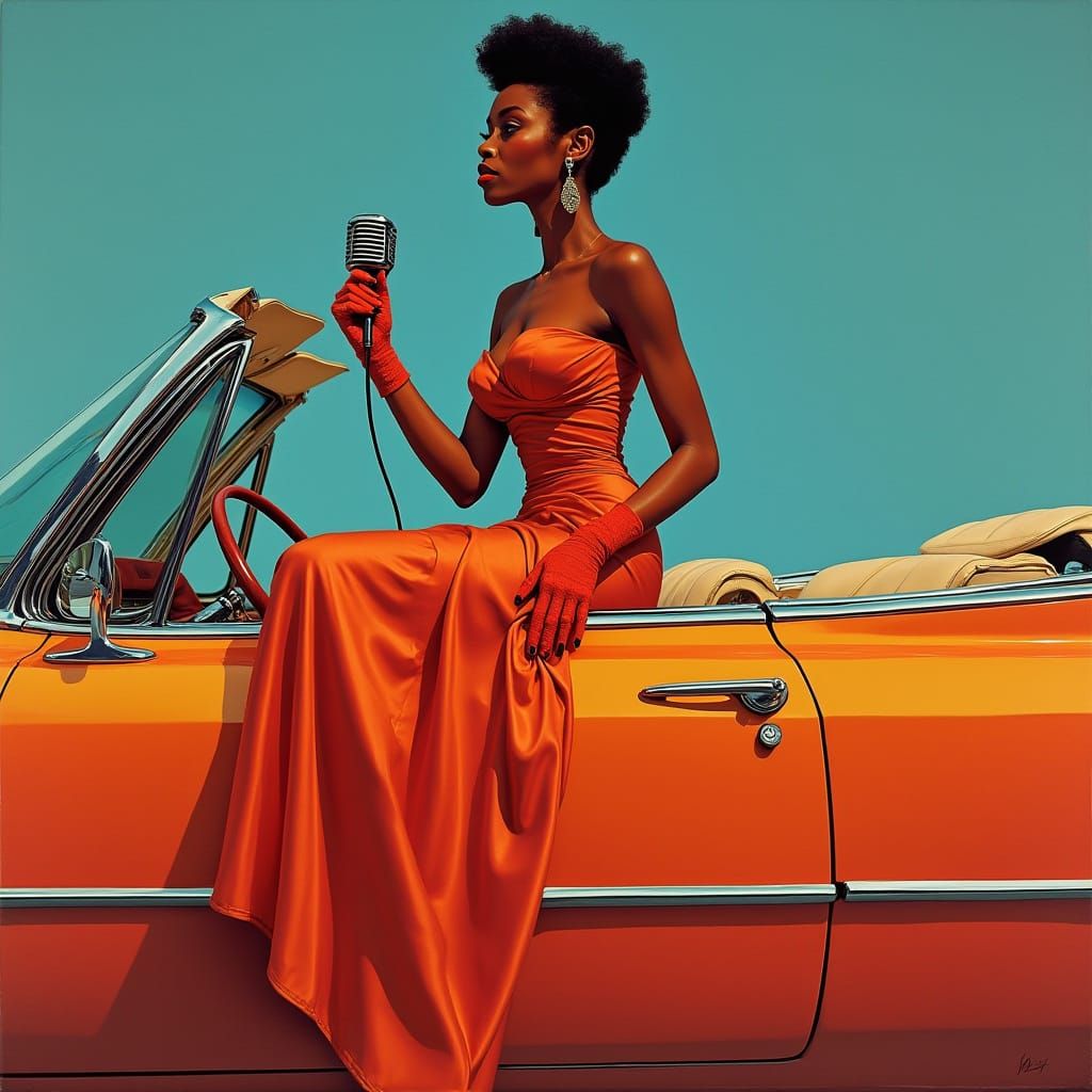 Motown Singer on Cadillac, Vibrant Retro-Futuristic Style