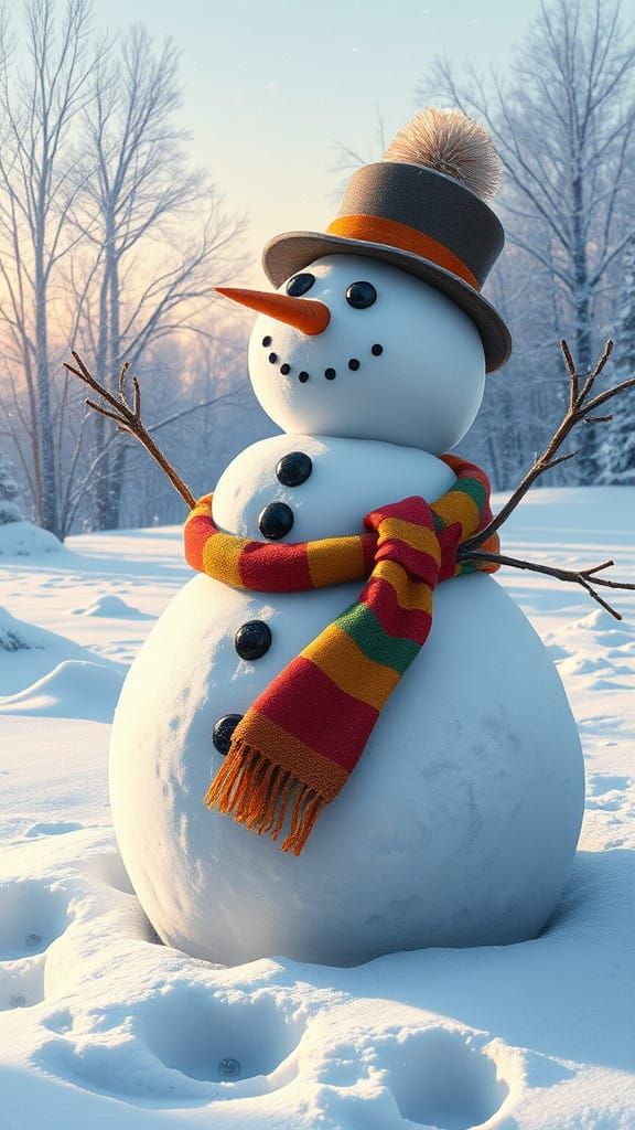 Winter Wonderland Scene with Snowman and Child