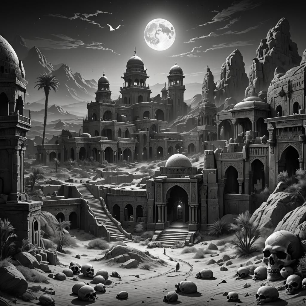 Arabian Vampire Oasis in Pen and Ink