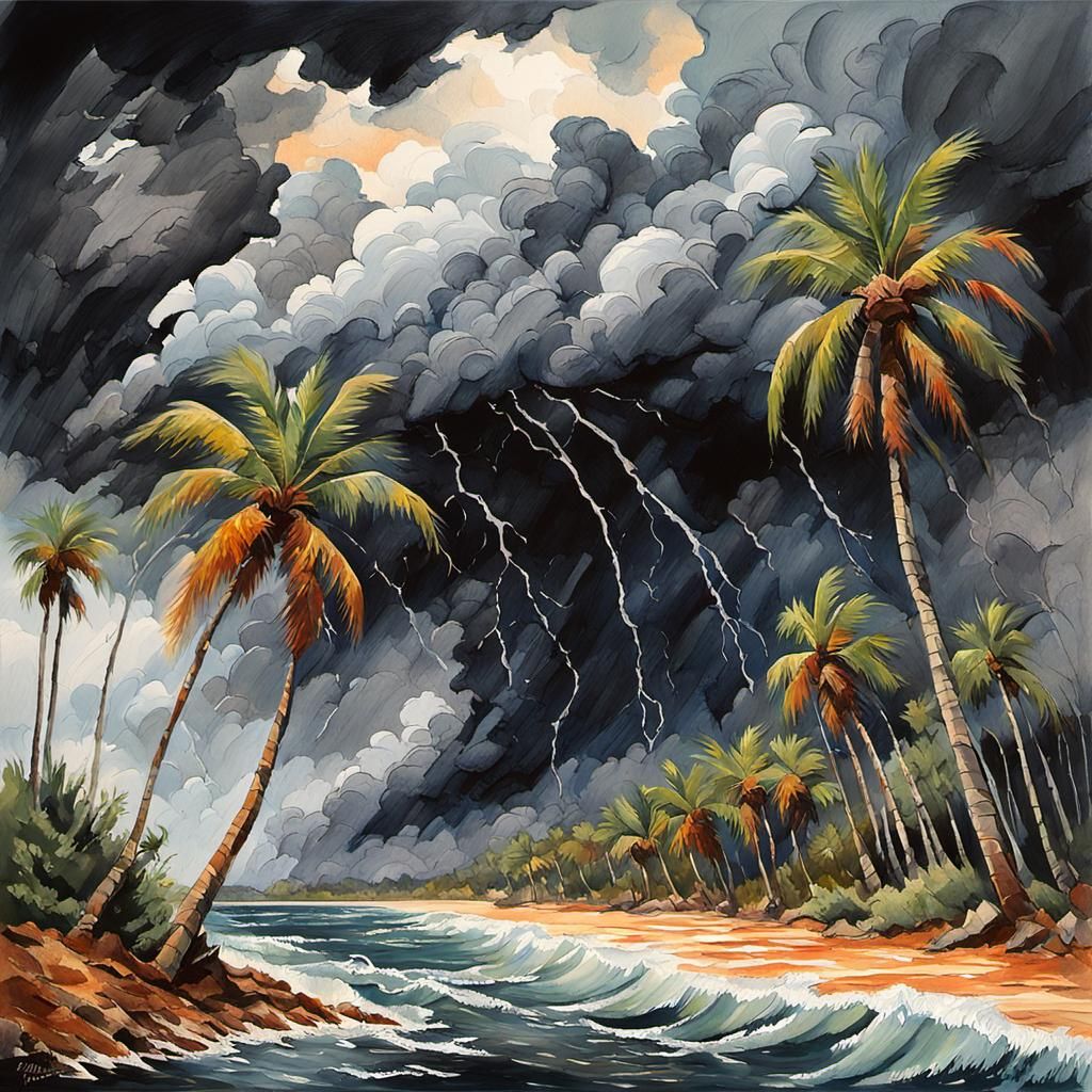 Hurricane Windswept Palms in Gouache Watercolor Style