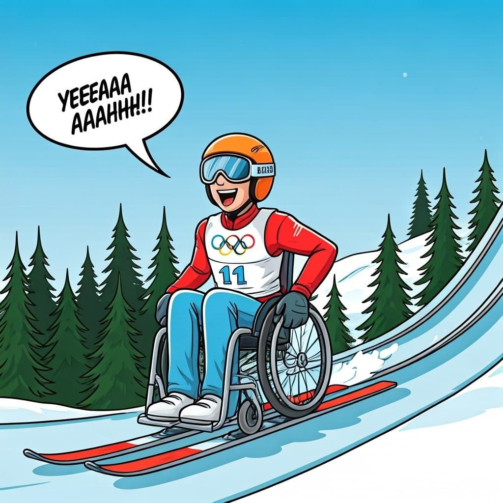 Cartoon Ski Jump with Wheelchair Athlete