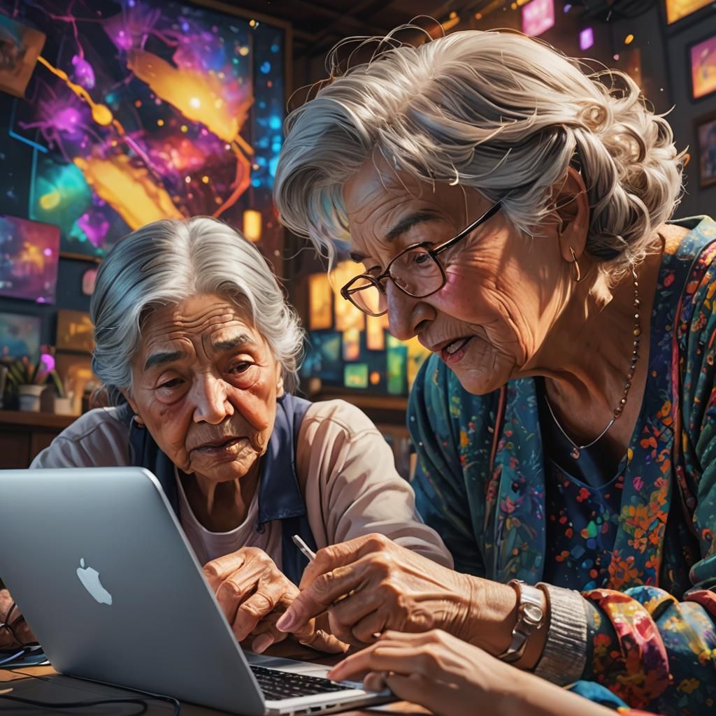 Hyperrealistic Girl and Grandmother Connecting Online