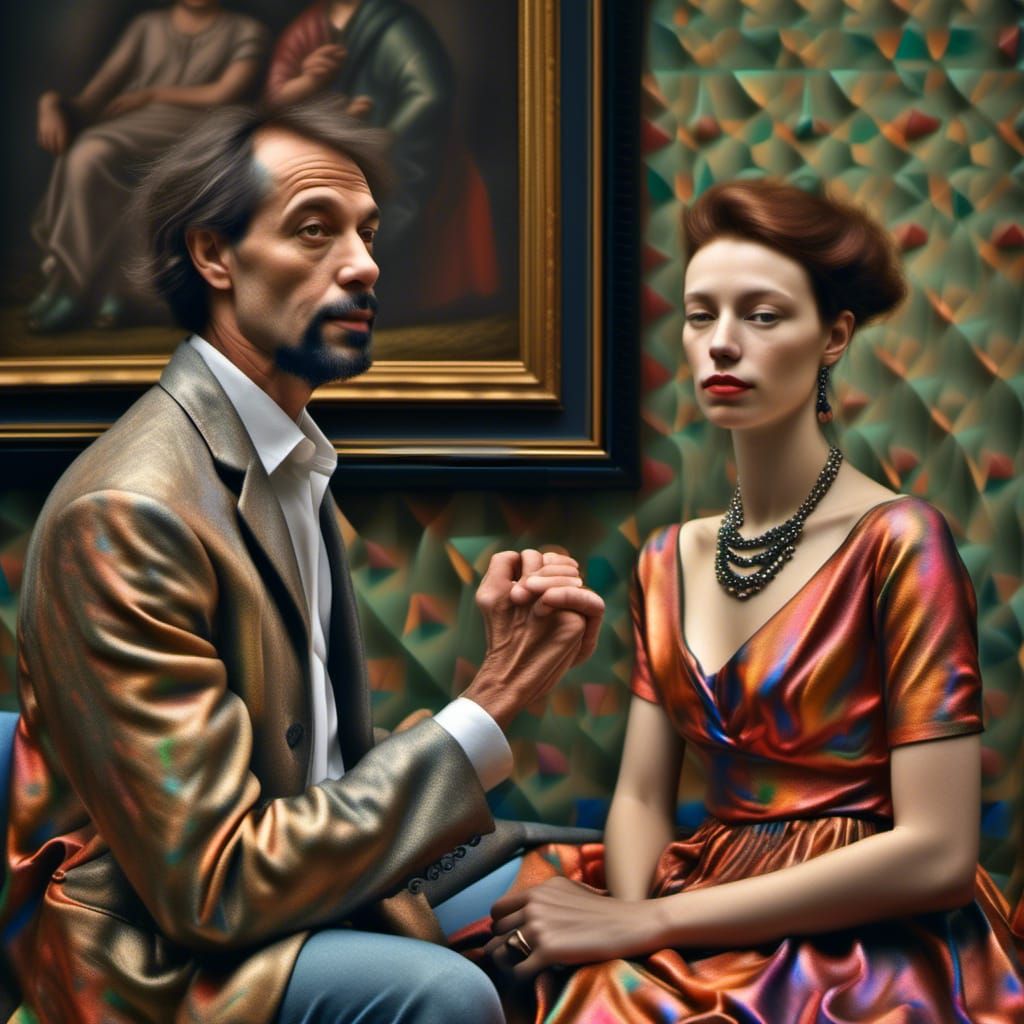 Happy Couple Admiring Art in Polychromatic Museum