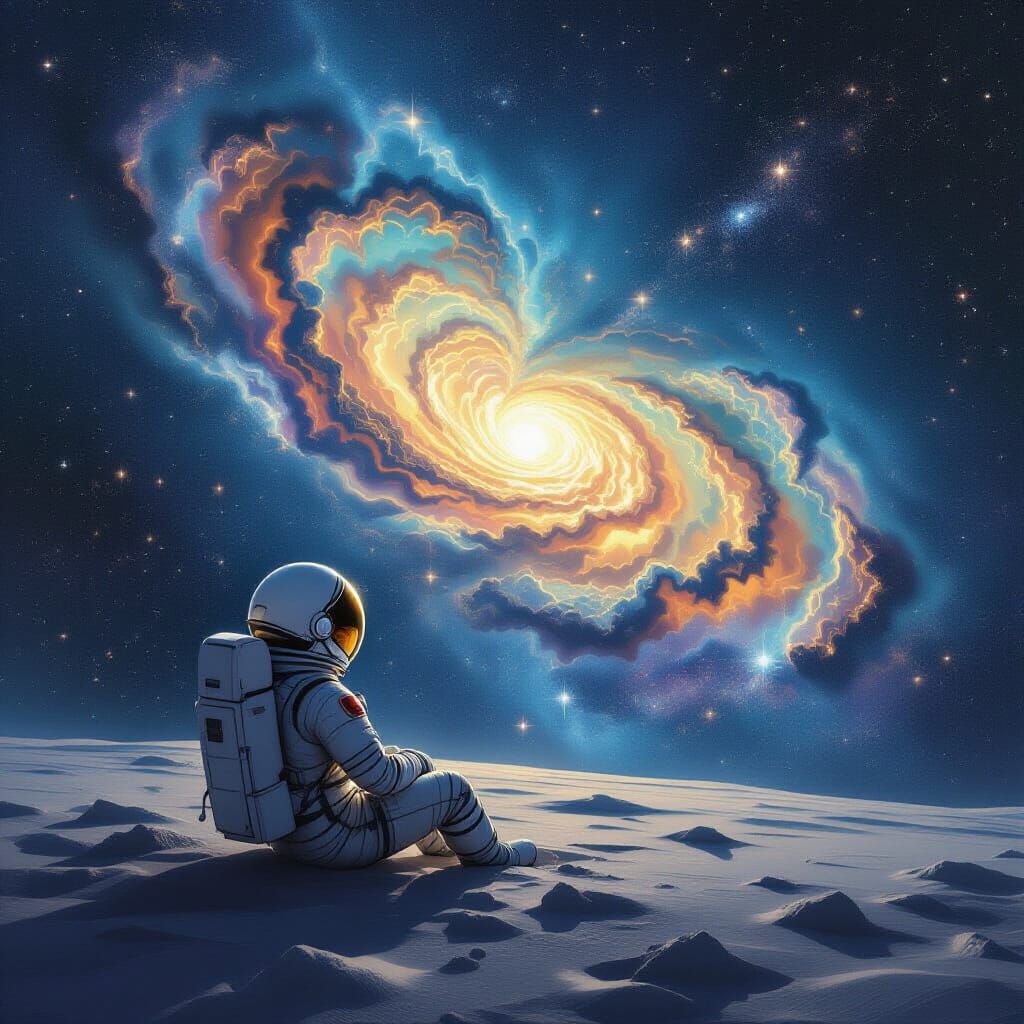 Astronaut Adrift Gazing at Cosmic Coffee Nebula