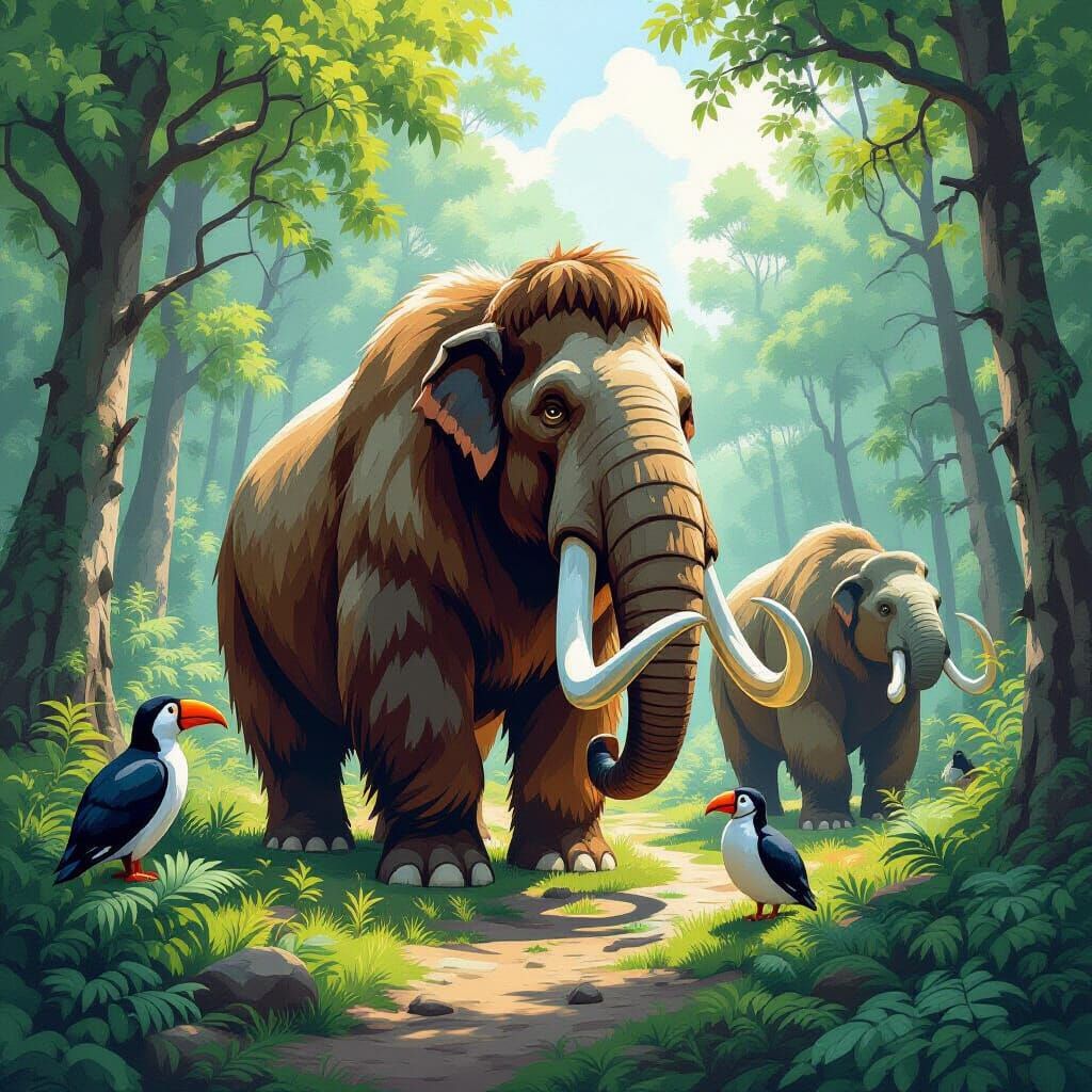 Prehistoric Forest with Woolly Mammoths in Digital Art Style