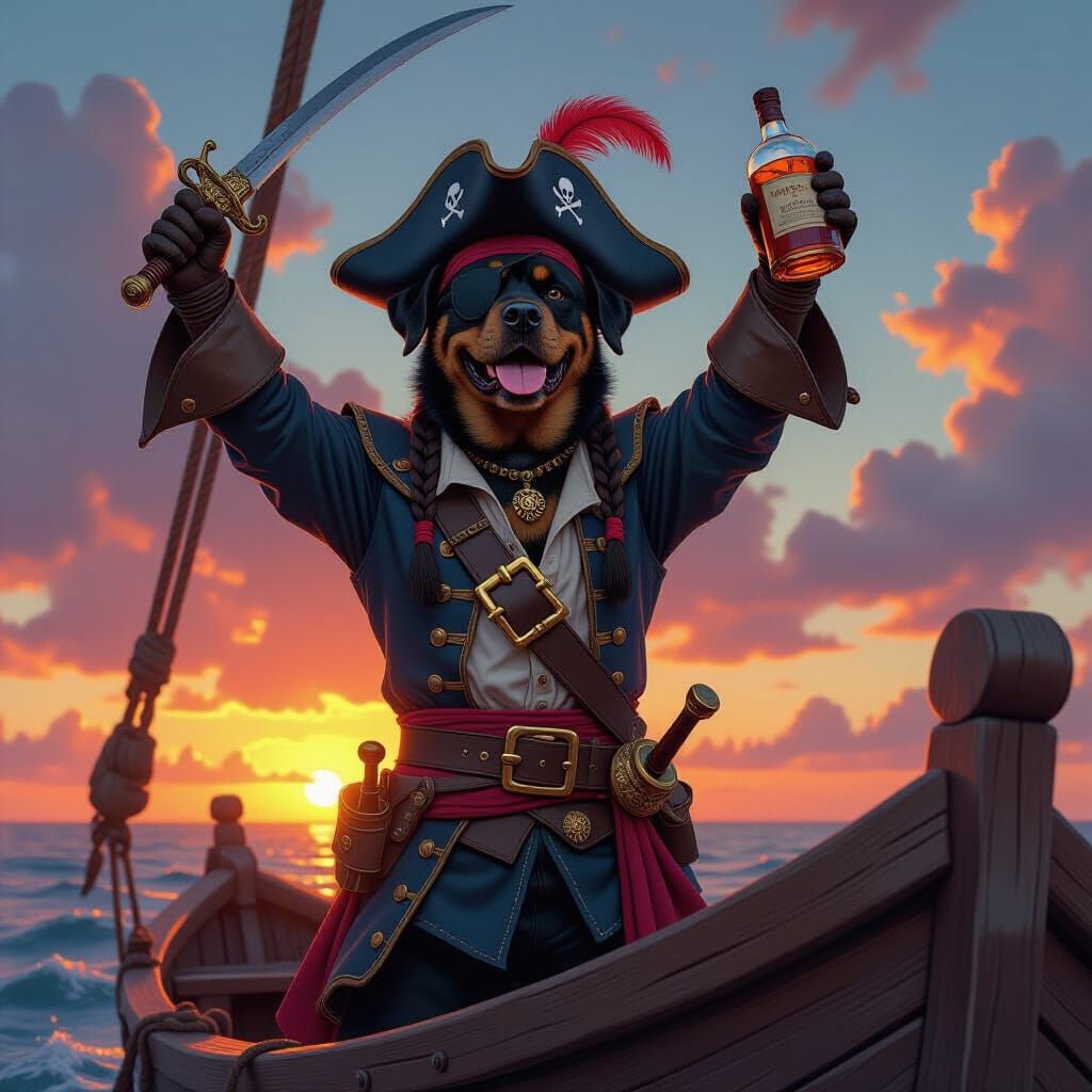 Pirate Rottweiler on Long Ship as Digital Art
