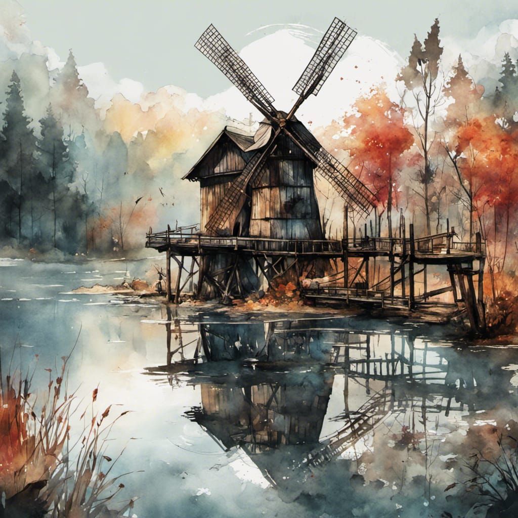 Watercolor Windmill with Water Wheel and Lake