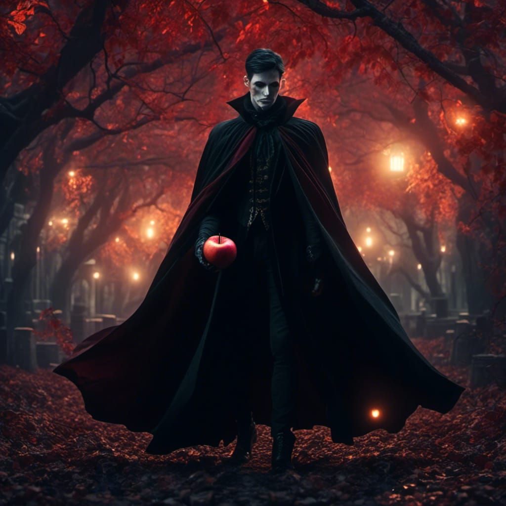 Vampire in Dark Suit Holding Apple in Film Noir