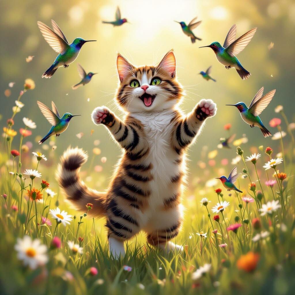Tabby Cat Dances Joyfully with Hummingbirds in Sunlit Meadow