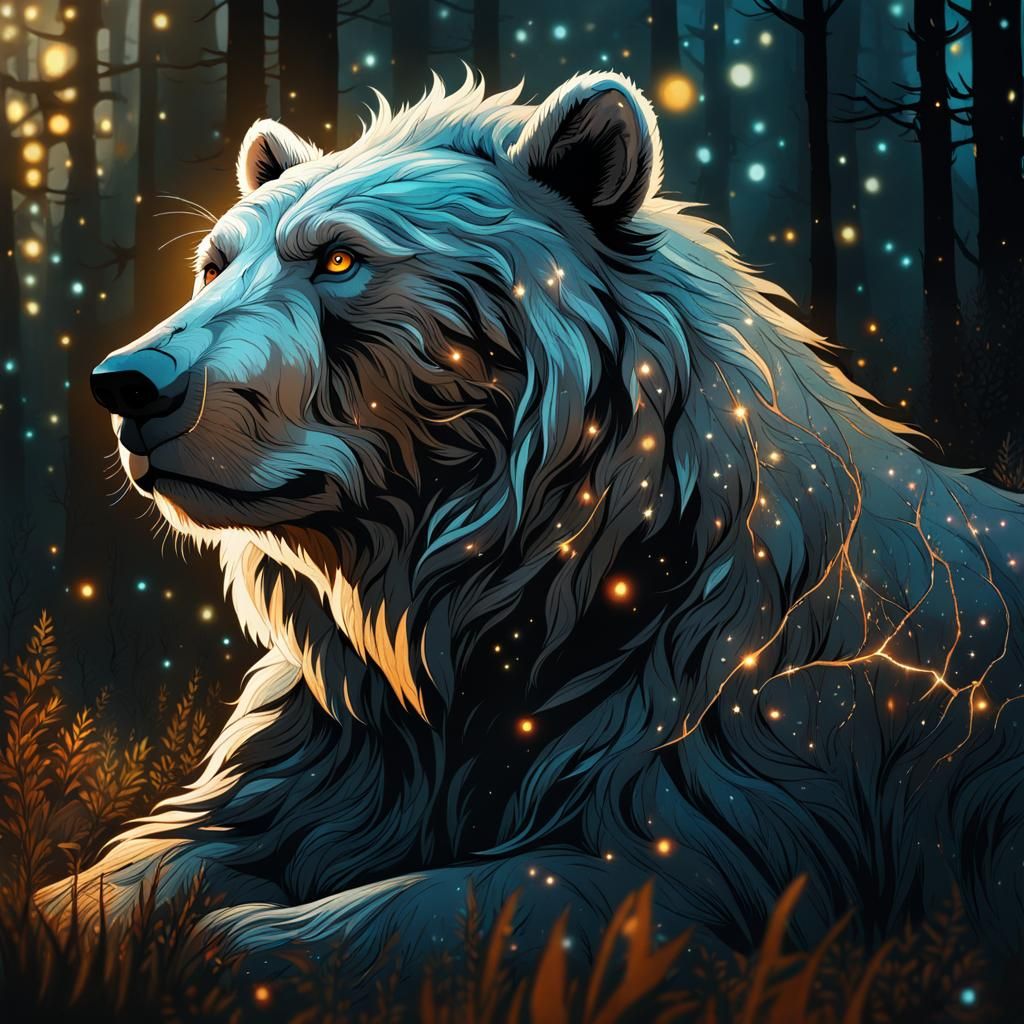 Grizzled Bear with Lion's Mane: Surreal Illustration