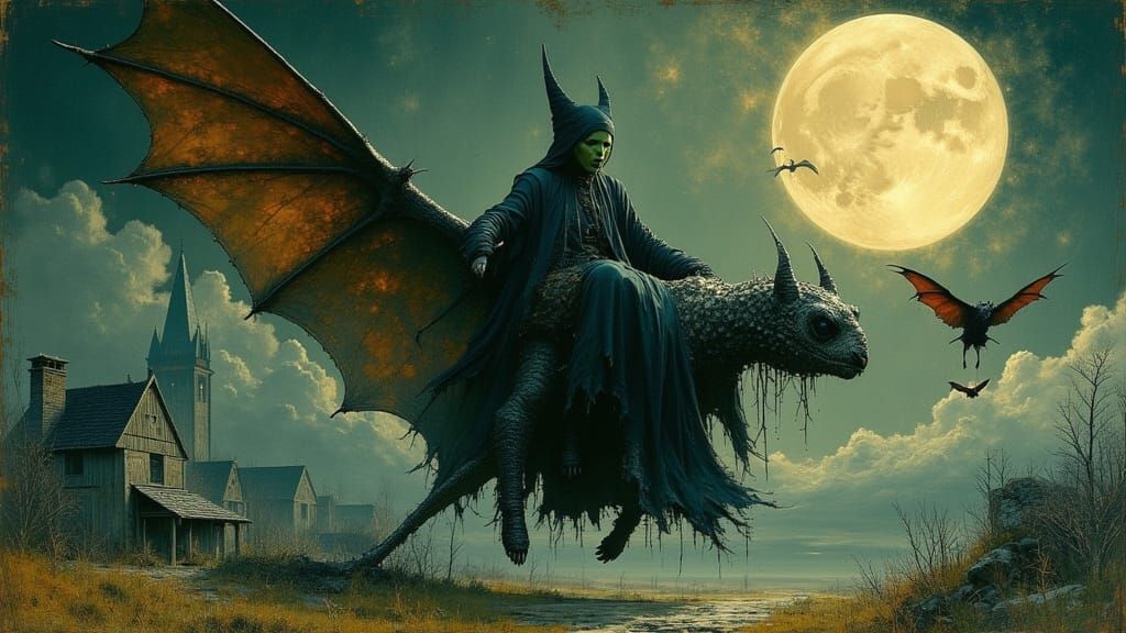 Baroque Witch Soaring Above Village at Night