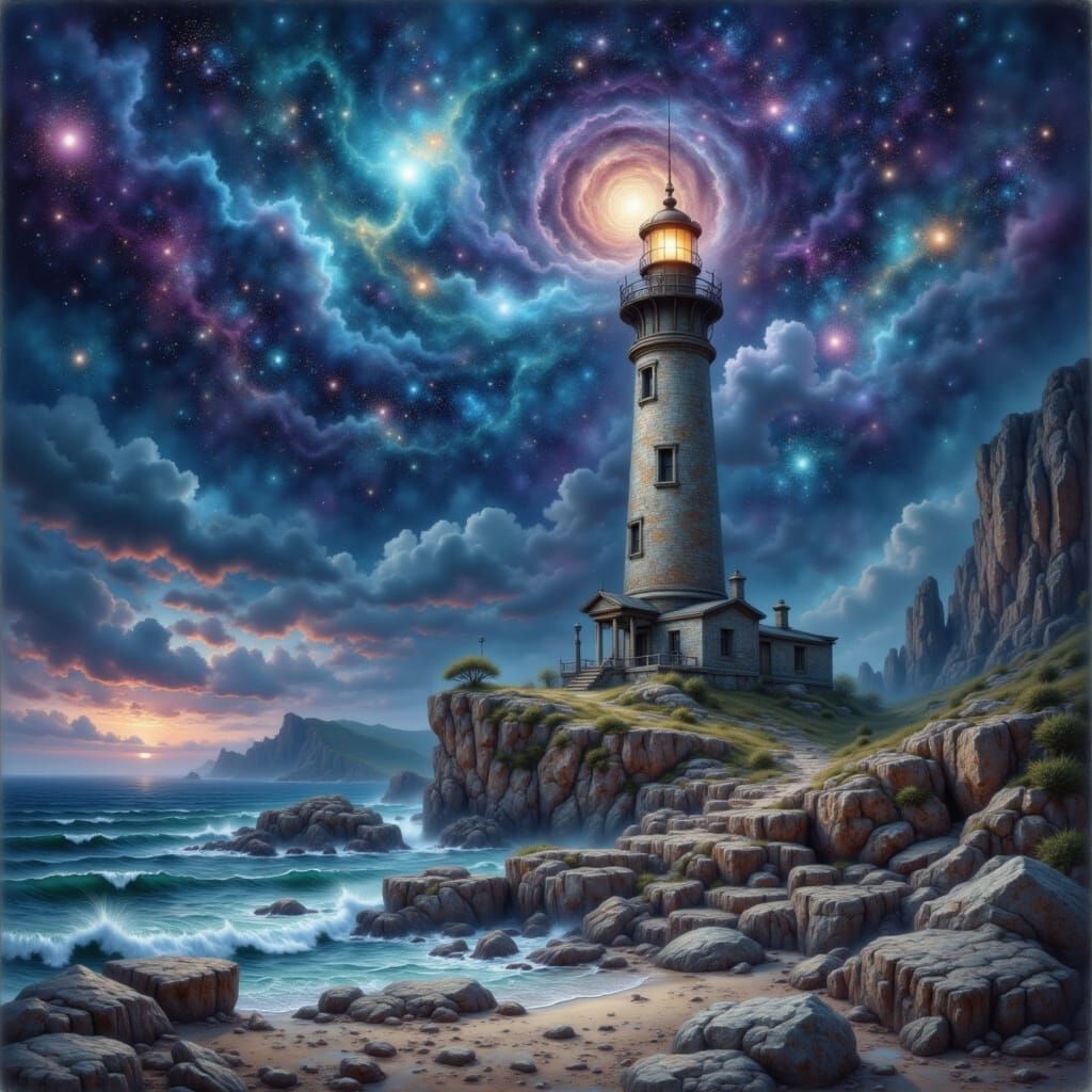 Lighthouse Under Cosmic Skies: Fantasy Art