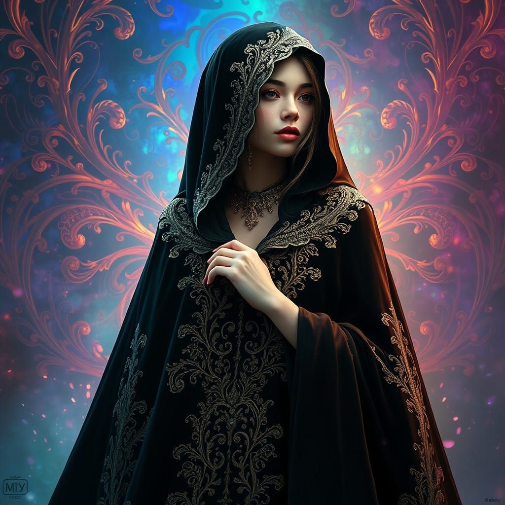 Ethereal Lady in Velvet Cloak amidst Vibrant, Iridescent Dre...