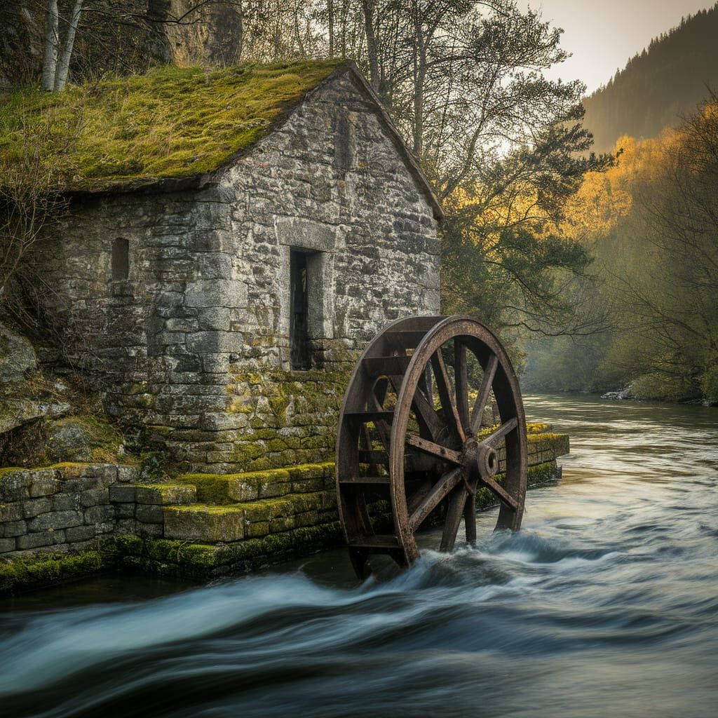 Ancient Water Mill in Golden Light