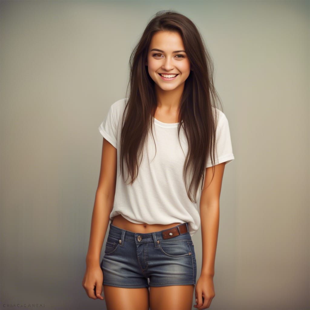 Smiling German Girl with Long Dark Hair