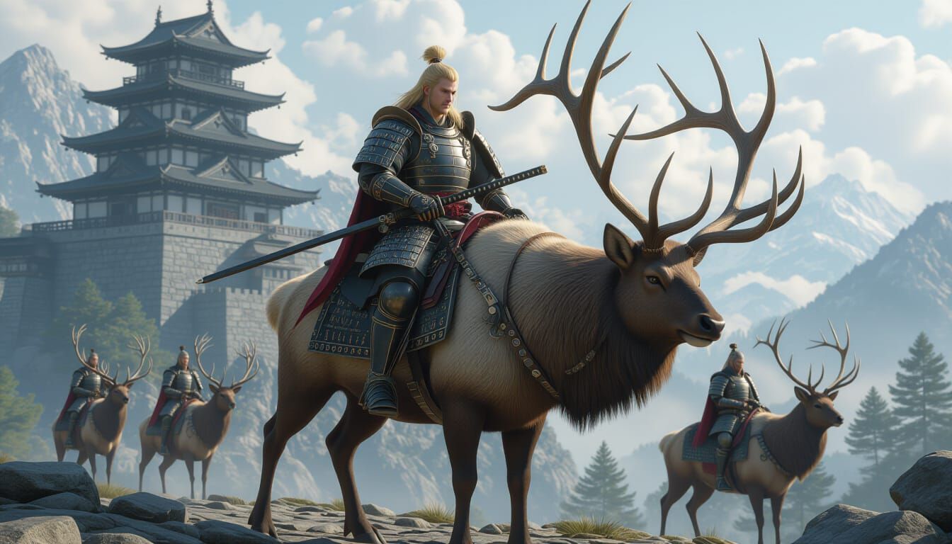 Warrior King Rides Armored Elk Near Alpine Fortress