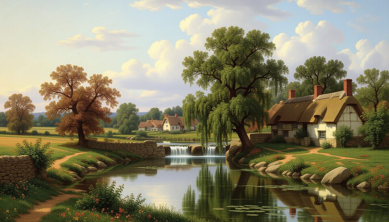 Idyllic Landscape with River and Thatched Cottages