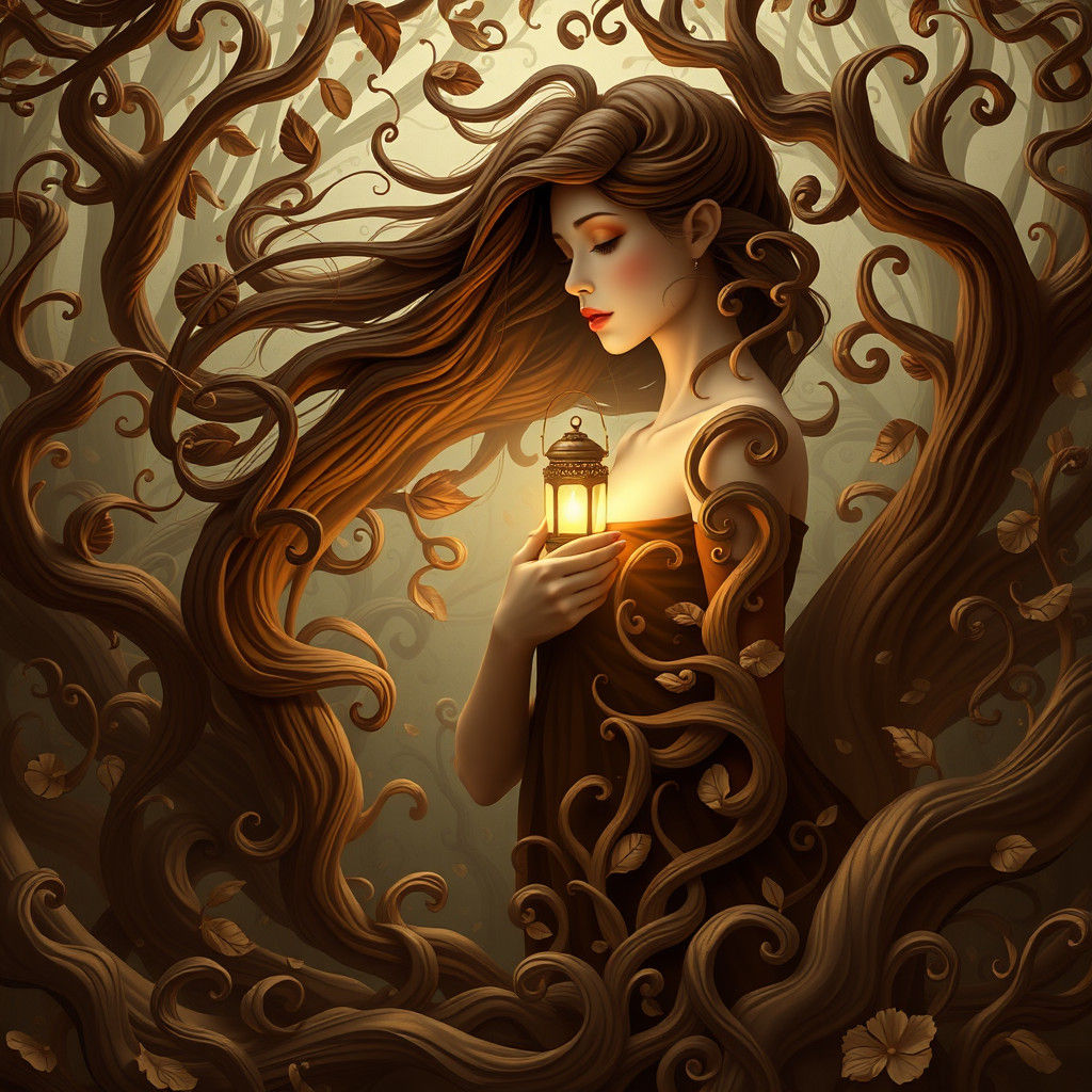 Ethereal Latte Art: Serene Woman in Coffee Forest